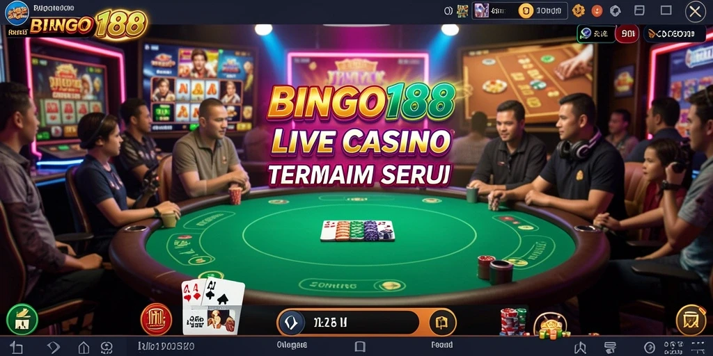Tangkapan layar gameplay Live Casino BINGO188 yang menampilkan dealer dan pemain yang terlibat.