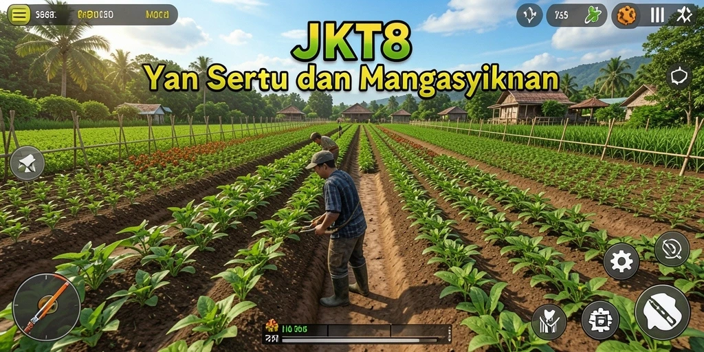 Screenshot gameplay JKT8 menampilkan aktivitas bertani yang menyenangkan.